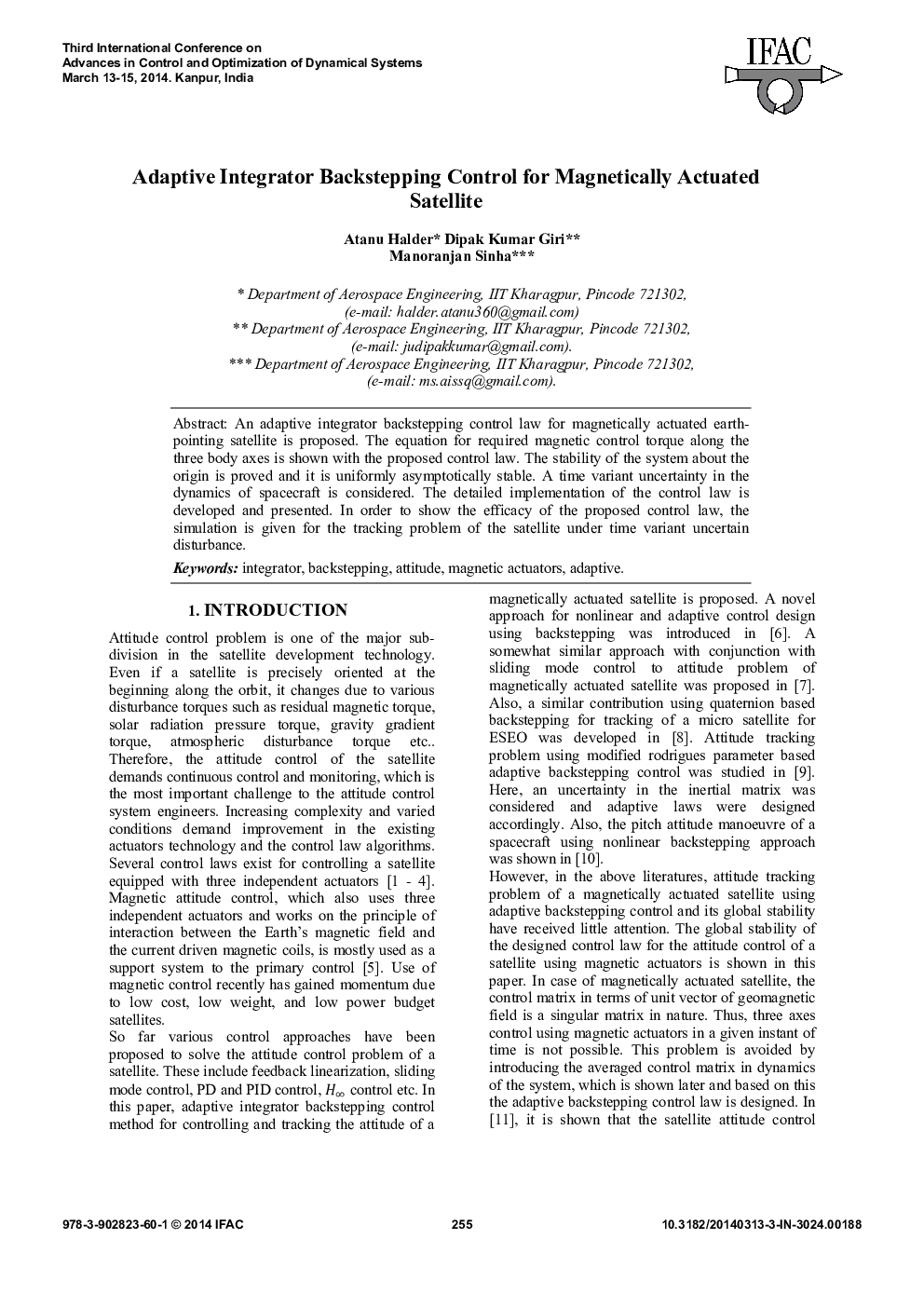 Adaptive Integrator Backstepping Control for Magnetically Actuated Satellite