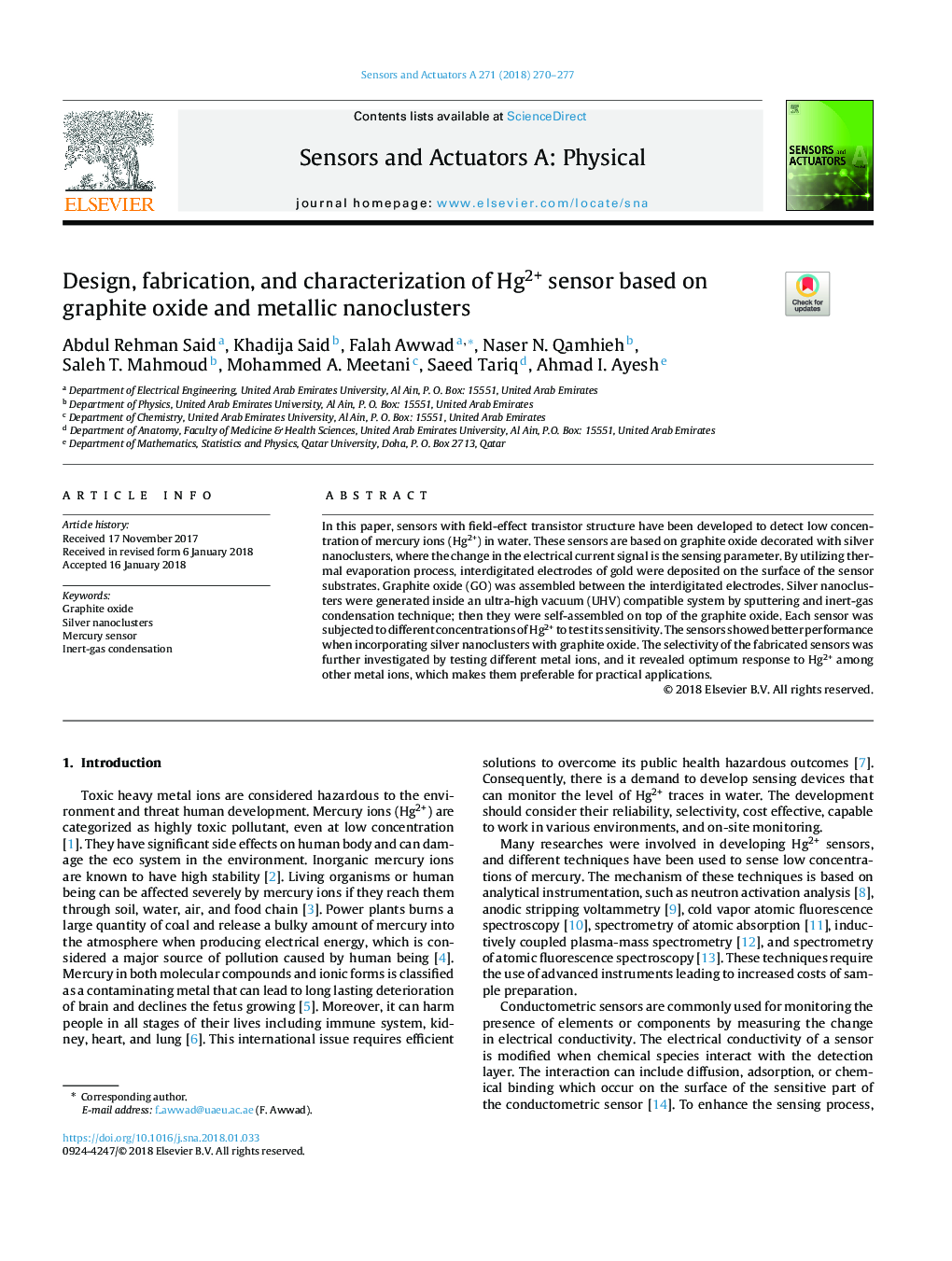 Design, fabrication, and characterization of Hg2+ sensor based on graphite oxide and metallic nanoclusters