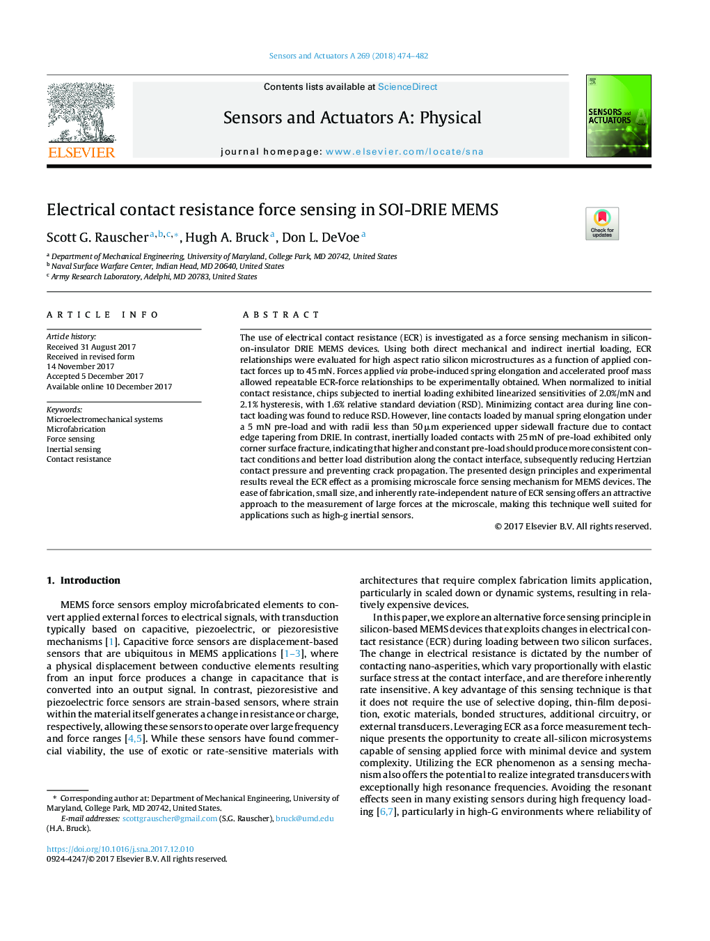 Electrical contact resistance force sensing in SOI-DRIE MEMS