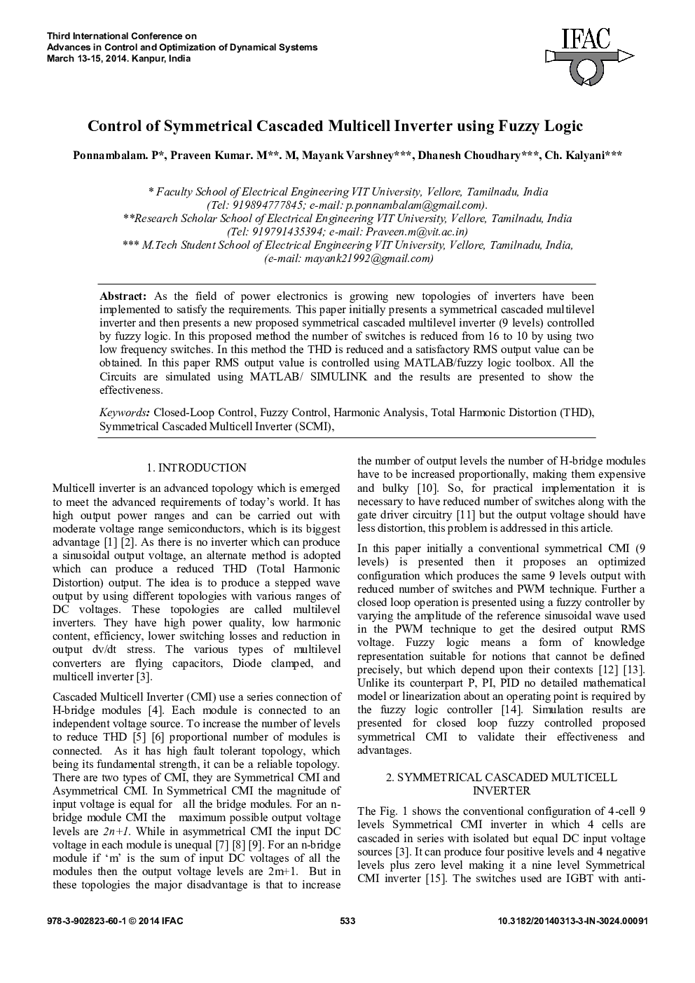 Control of Symmetrical Cascaded Multicell Inverter using Fuzzy Logic