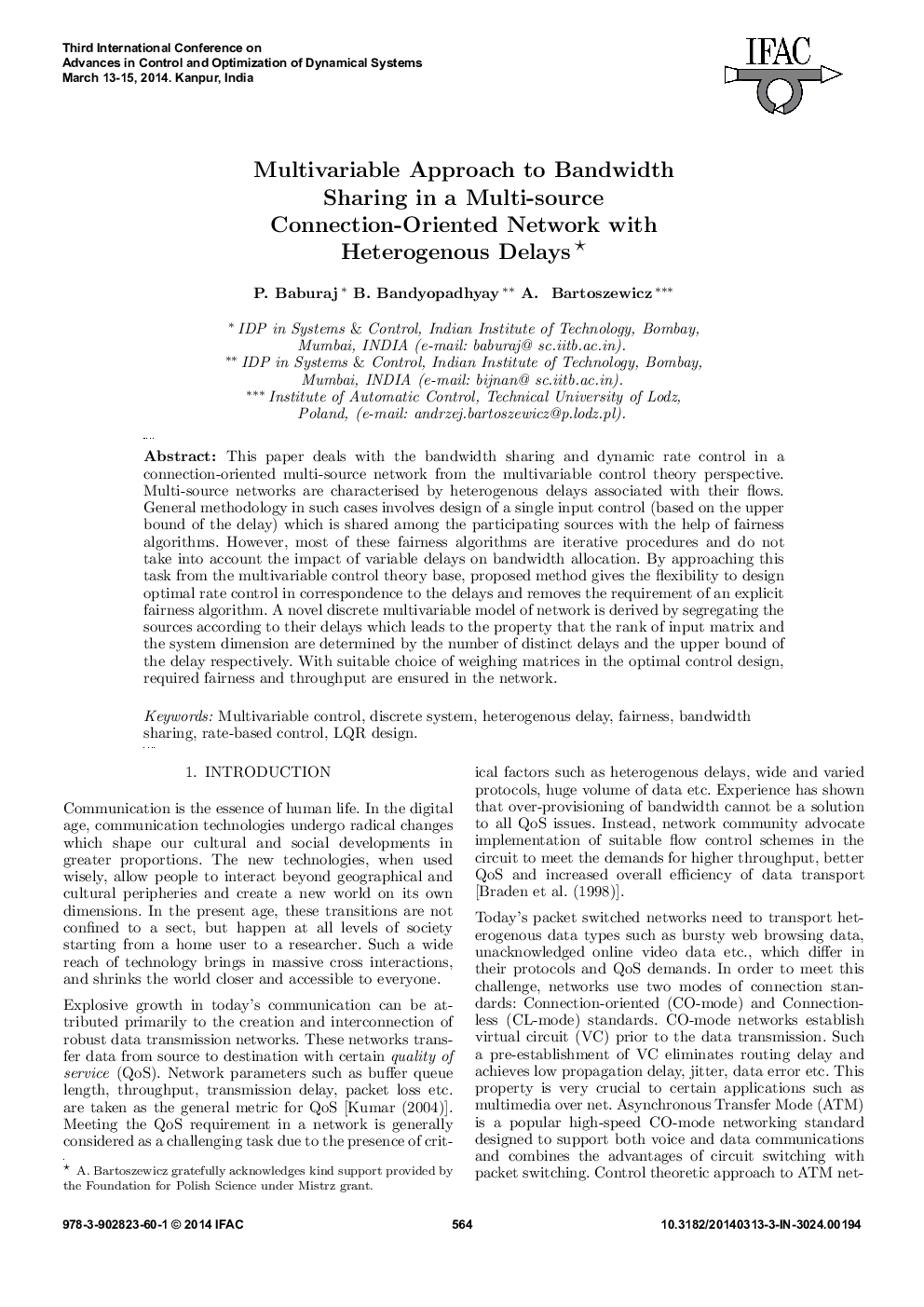 Multivariable Approach to Bandwidth Sharing in a Multi-source Connection-Oriented Network with Heterogenous Delays