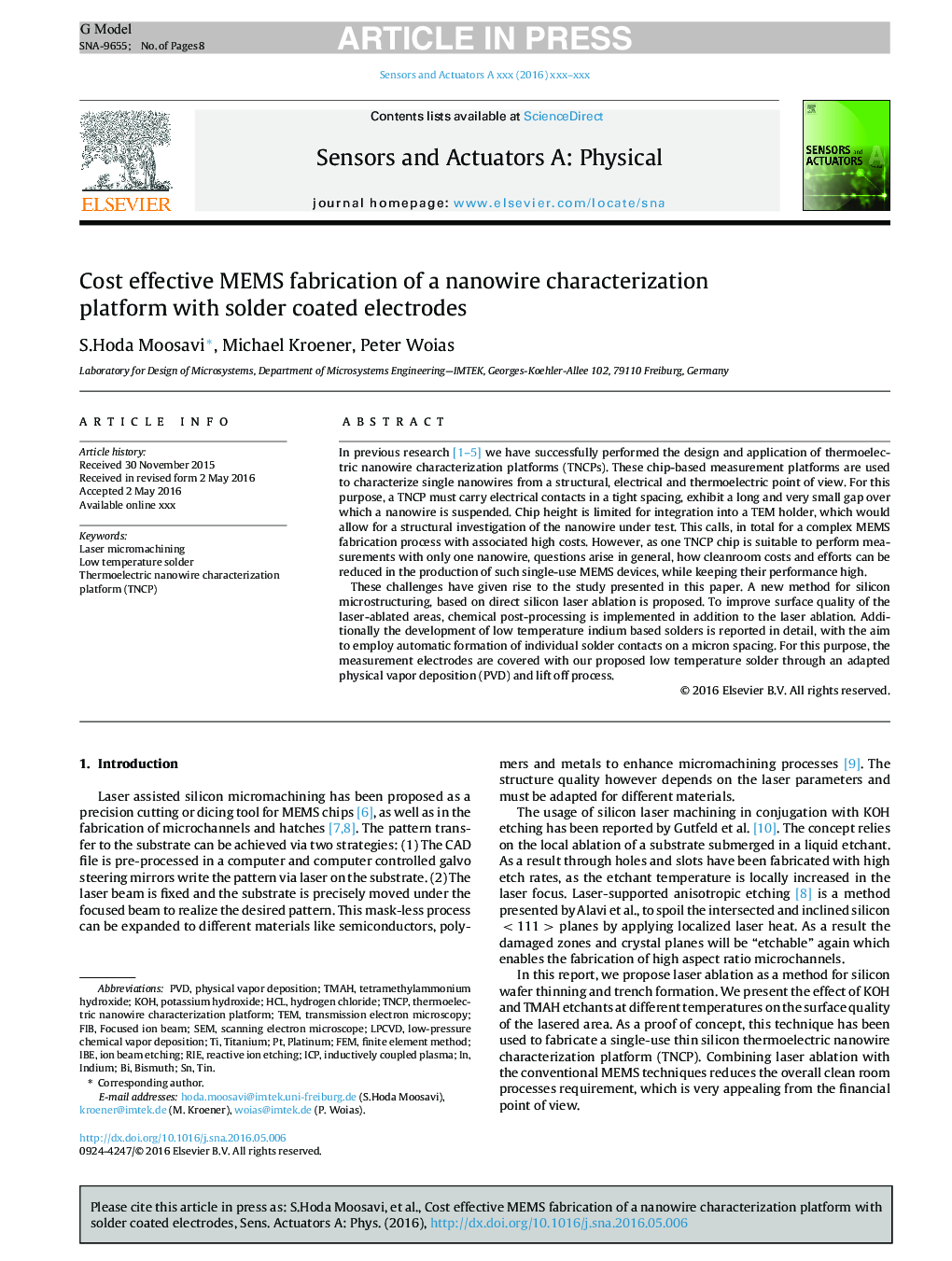 Cost effective MEMS fabrication of a nanowire characterization platform with solder coated electrodes