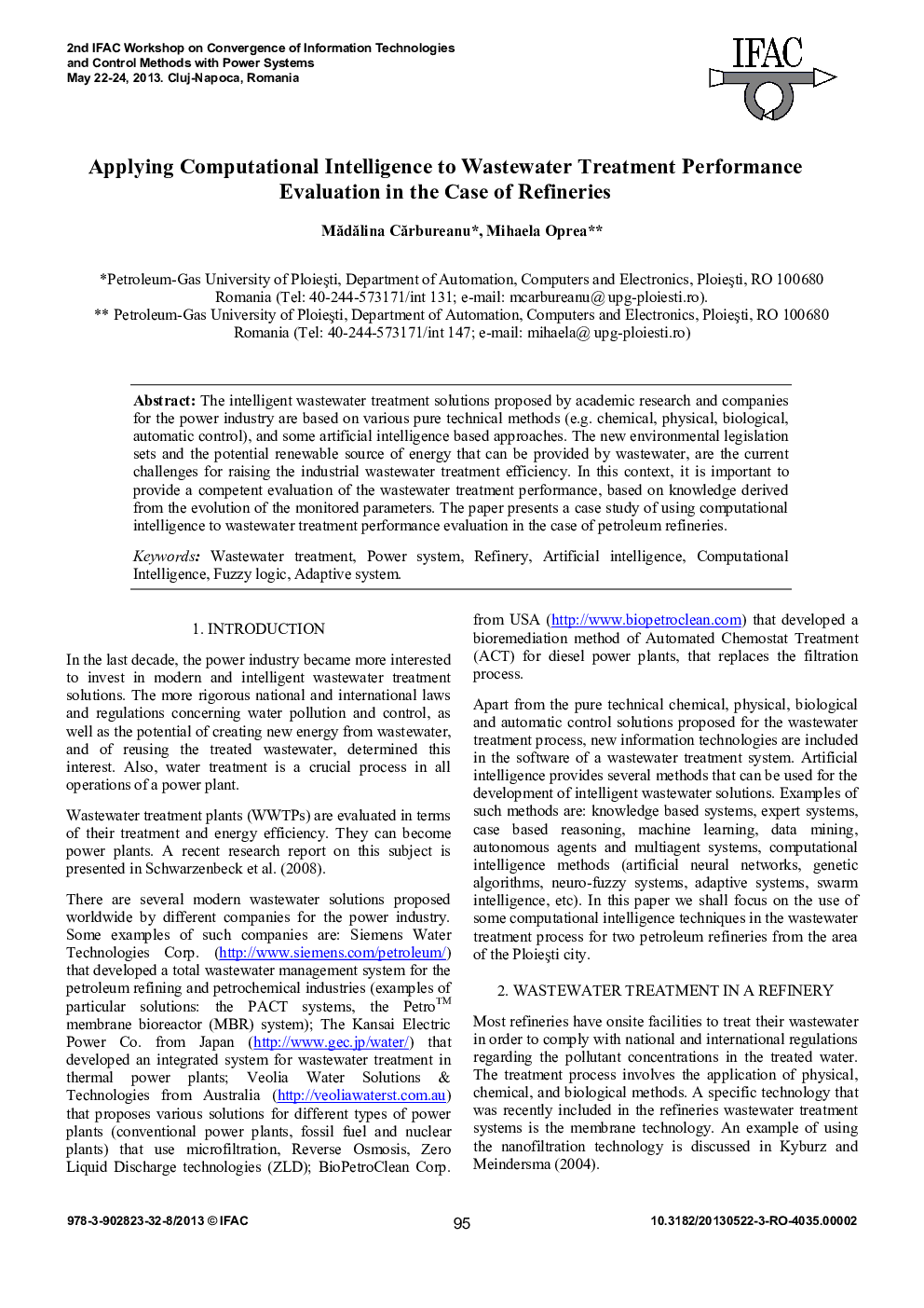 عکس صفحه اول مقاله: Applying Computational Intelligence to Wastewater Treatment Performance Evaluation in the Case of Refineries Applying Computational Intelligence to Wastewater Treatment Performance Evaluation in the Case of Refineries