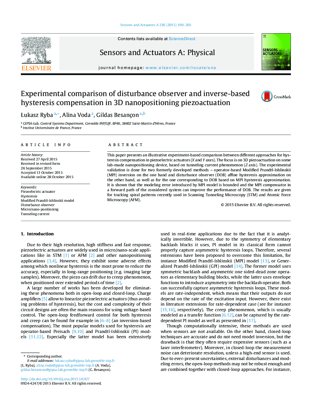 Experimental comparison of disturbance observer and inverse-based hysteresis compensation in 3D nanopositioning piezoactuation