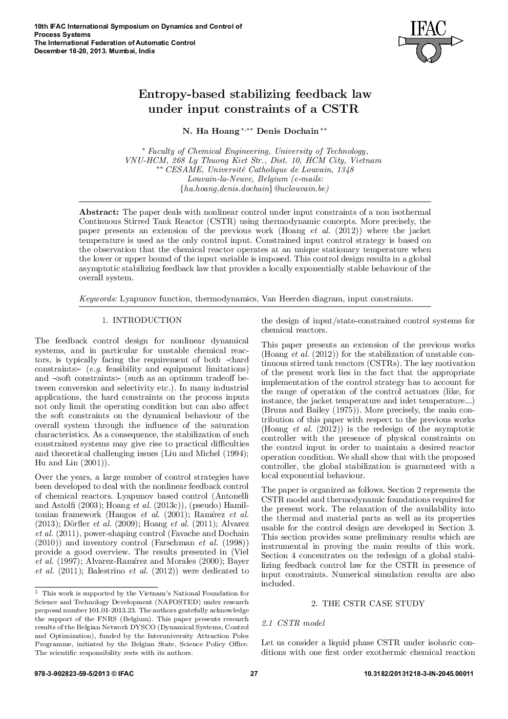 Entropy-based stabilizing feedback law under input constraints of a CSTR