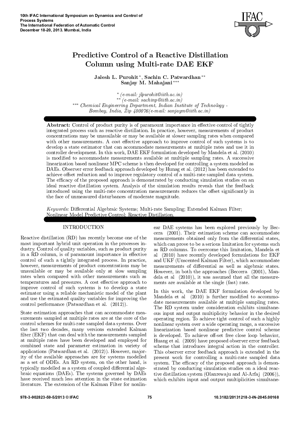 Predictive Control of a Reactive Distillation Column using Multi-rate DAE EKF