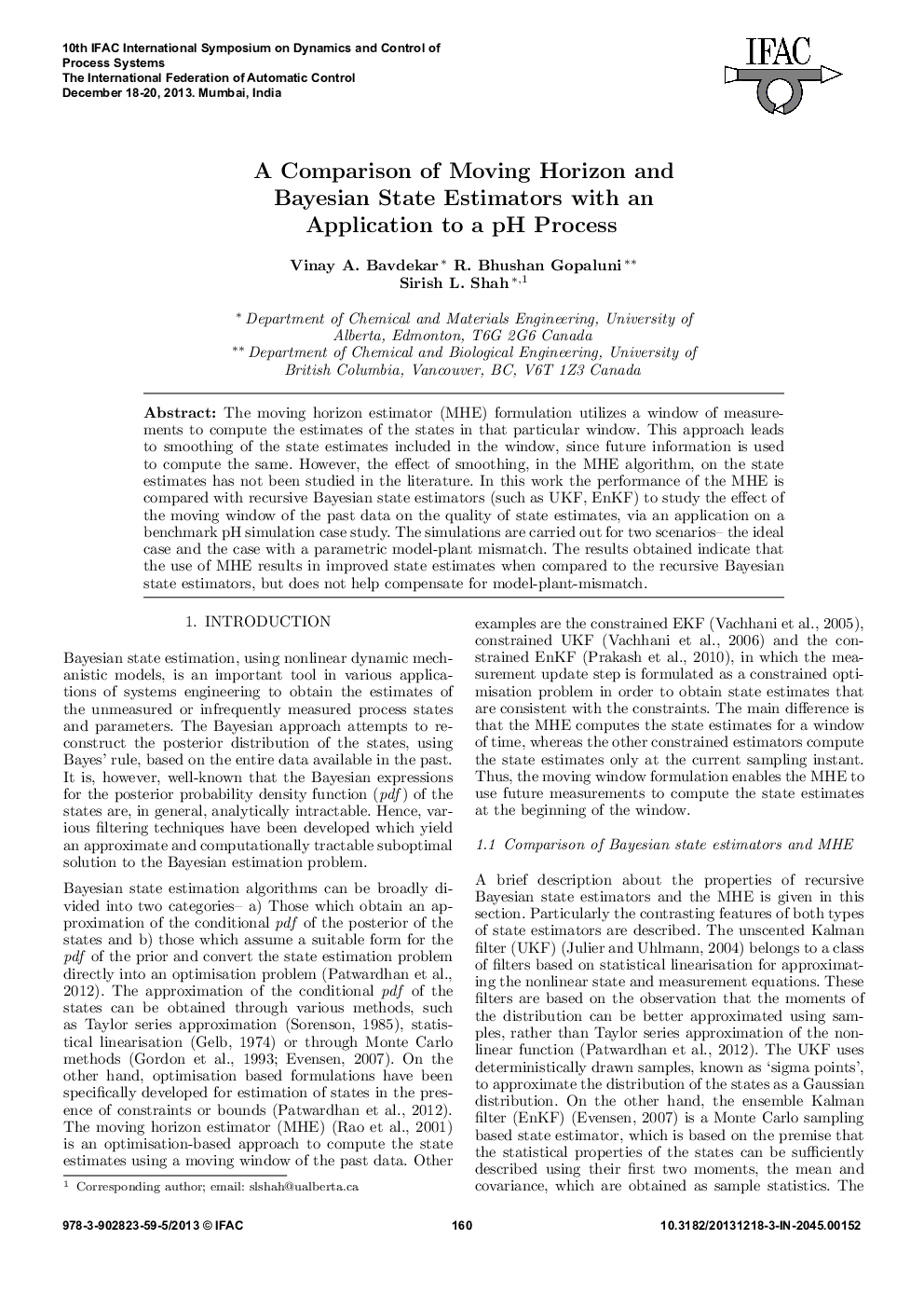 A Comparison of Moving Horizon and Bayesian State Estimators with an Application to a pH Process