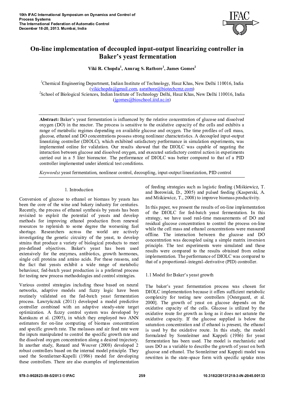 On-line implementation of decoupled input-output linearizing controller in Baker's yeast fermentation