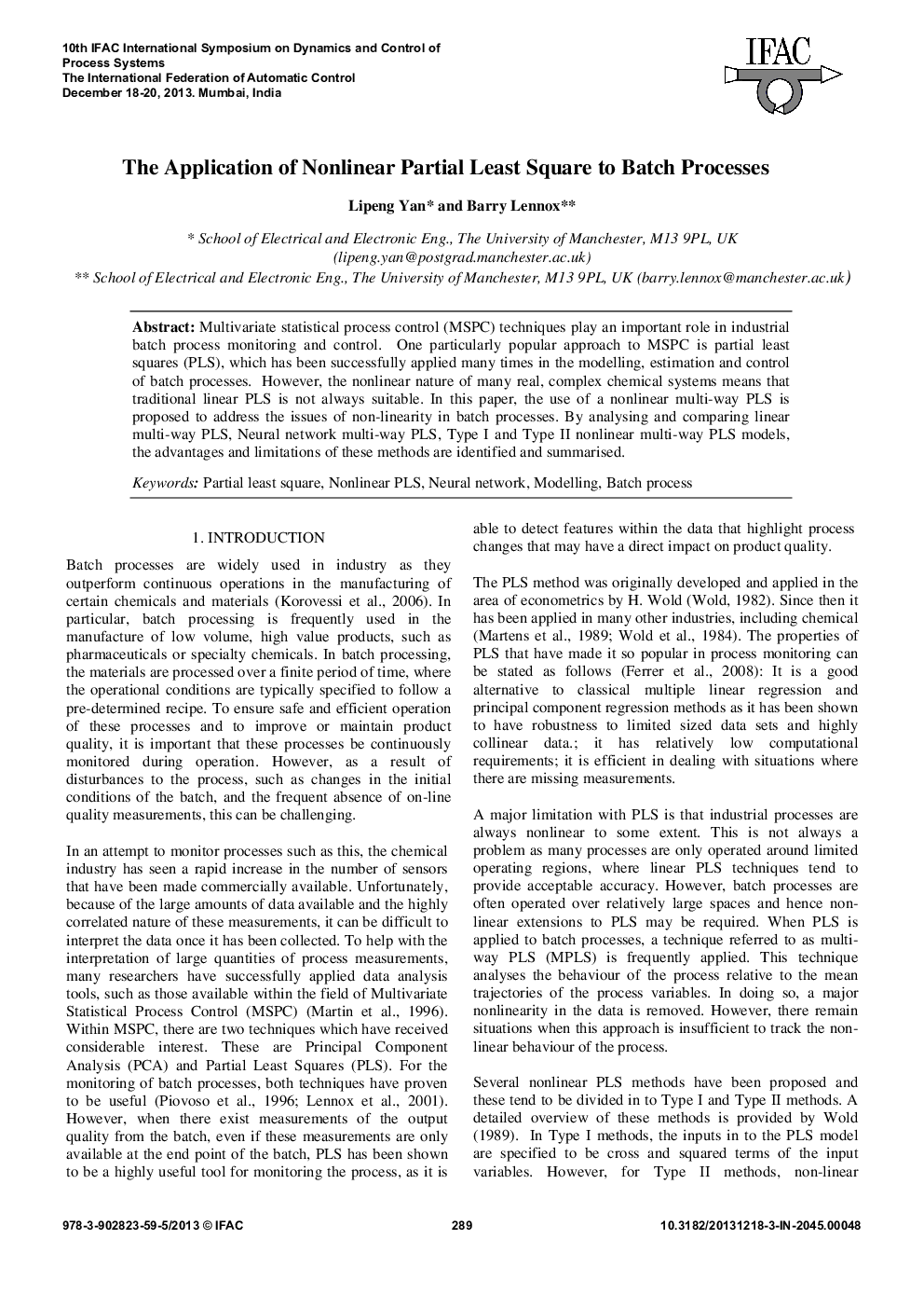 The Application of Nonlinear Partial Least Square to Batch Processes
