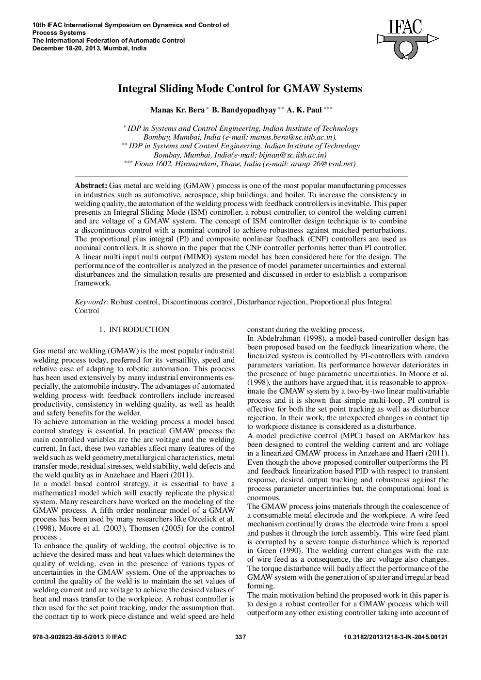 Integral Sliding Mode Control for GMAW Systems