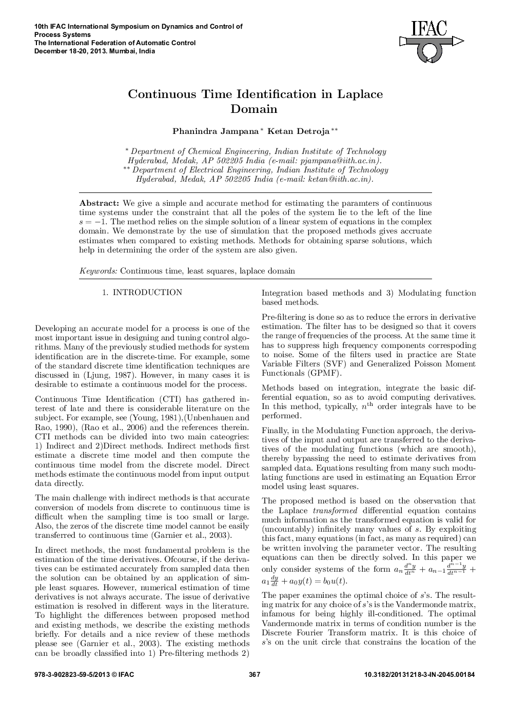 Continuous Time Identification in Laplace Domain