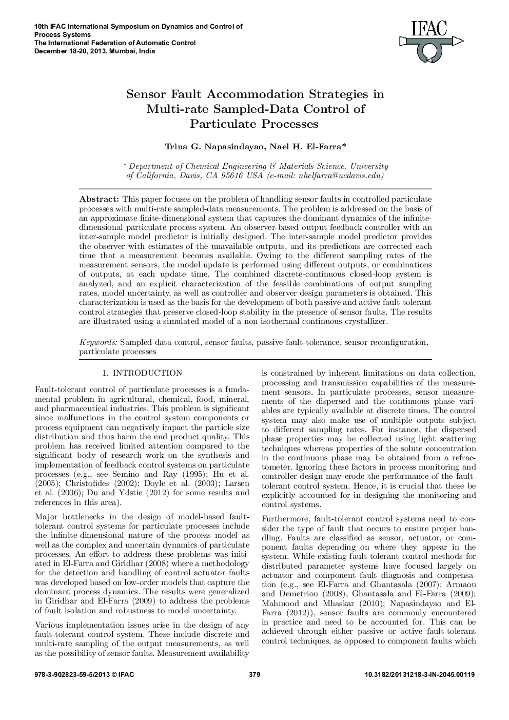Sensor Fault Accommodation Strategies in Multi-rate Sampled-Data Control of Particulate Processes