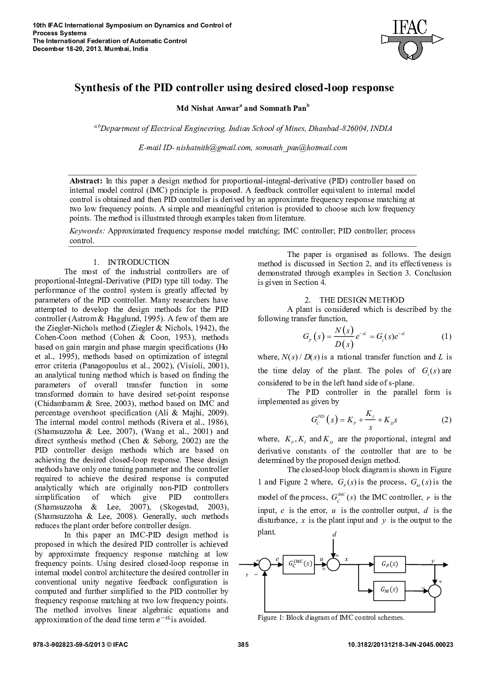 Synthesis of the PID controller using desired closed-loop response