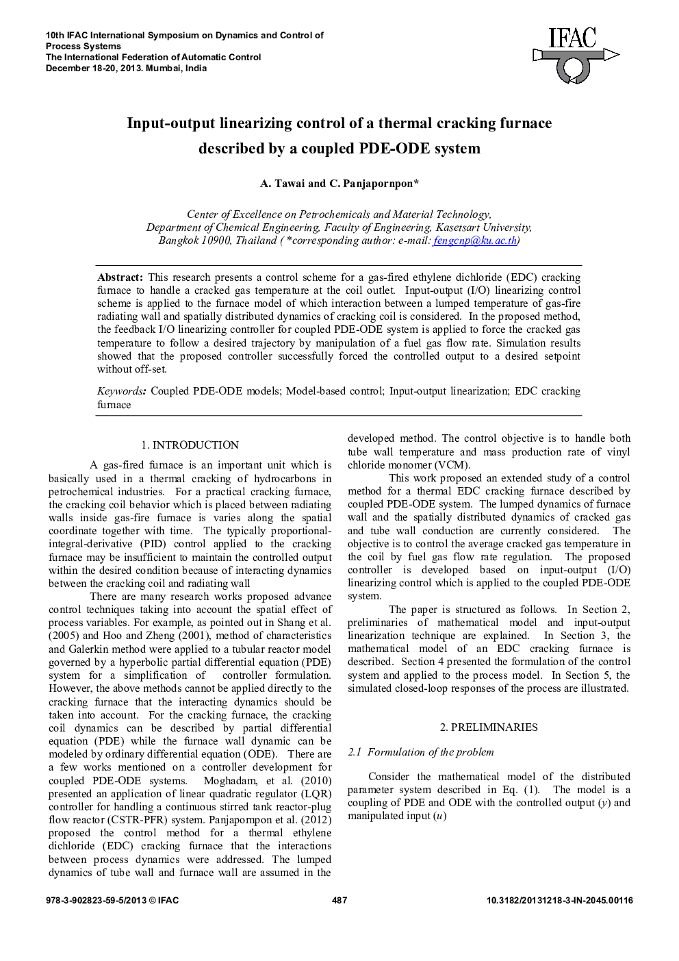 Input-output linearizing control of a thermal cracking furnace described by a coupled PDE-ODE system