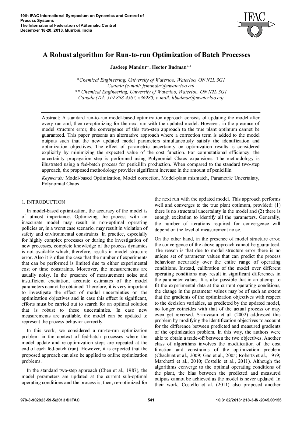 A Robust algorithm for Run-to-run Optimization of Batch Processes