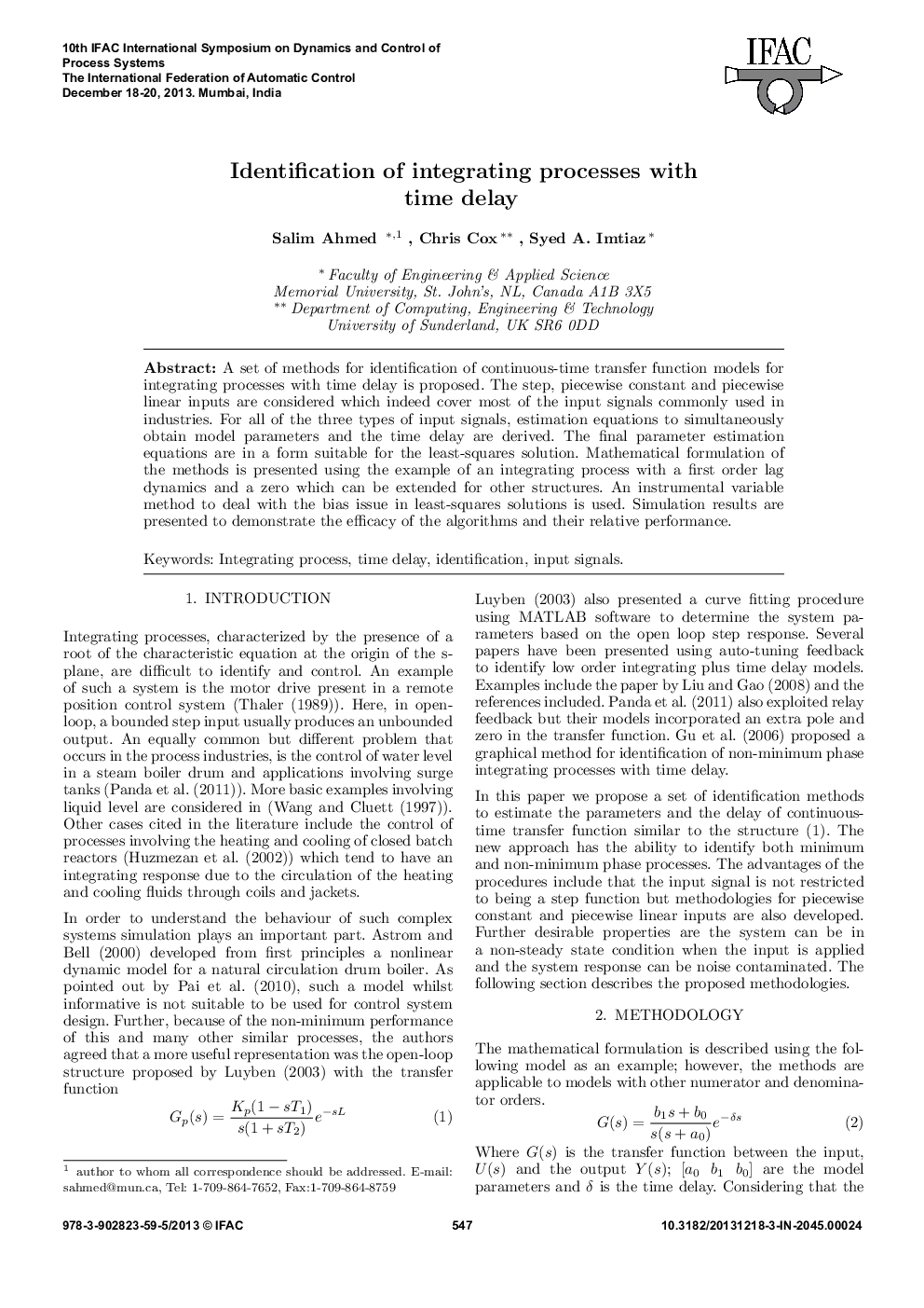 Identification of integrating processes with time delay