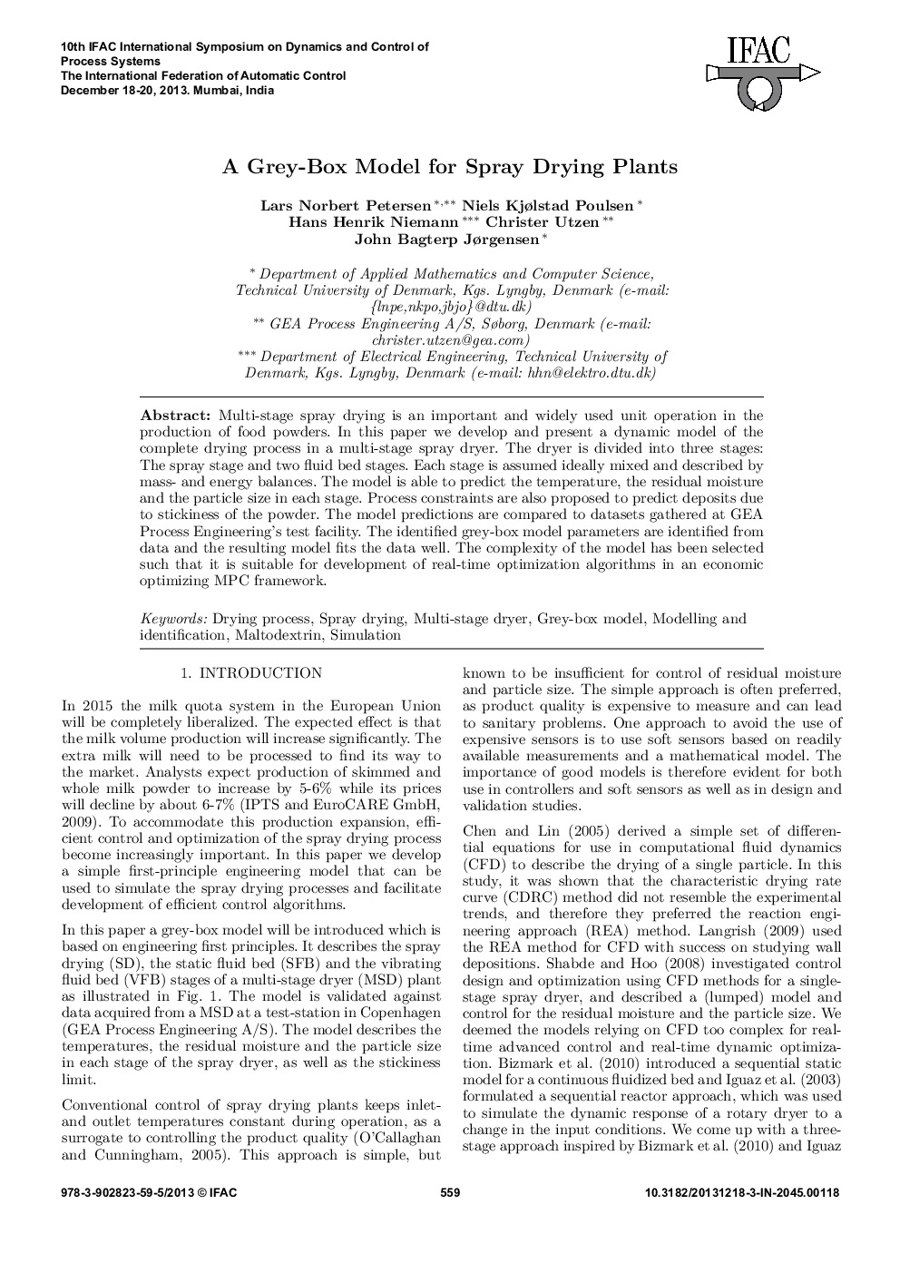 A Grey-Box Model for Spray Drying Plants