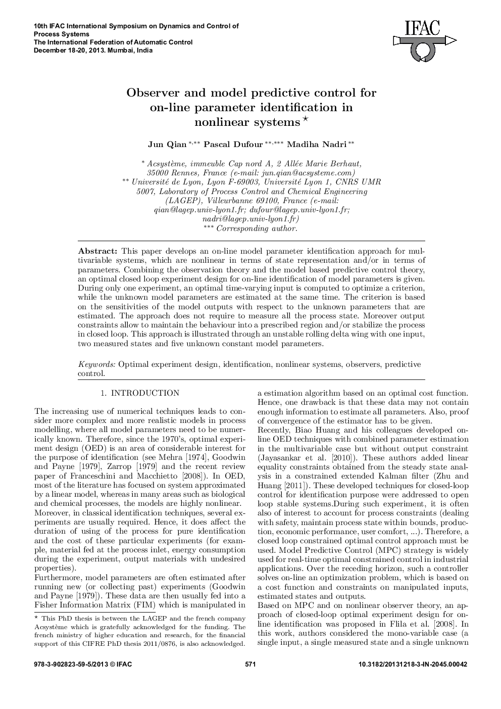Observer and model predictive control for on-line parameter identification in nonlinear systems