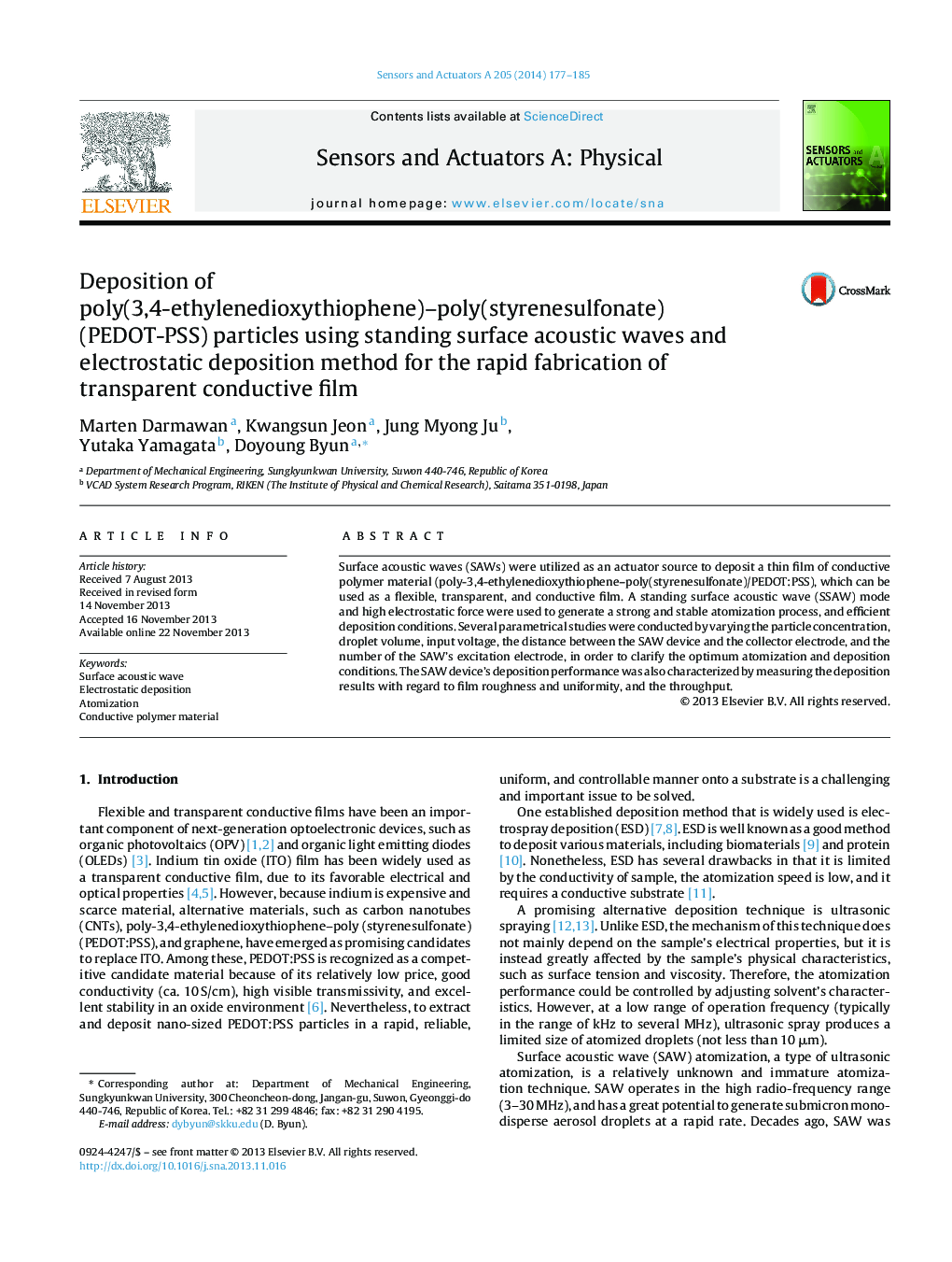 Deposition of poly(3,4-ethylenedioxythiophene)-poly(styrenesulfonate) (PEDOT-PSS) particles using standing surface acoustic waves and electrostatic deposition method for the rapid fabrication of transparent conductive film