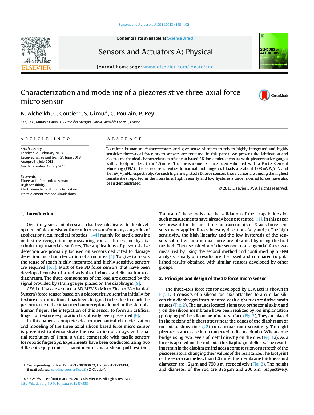 Characterization and modeling of a piezoresistive three-axial force micro sensor