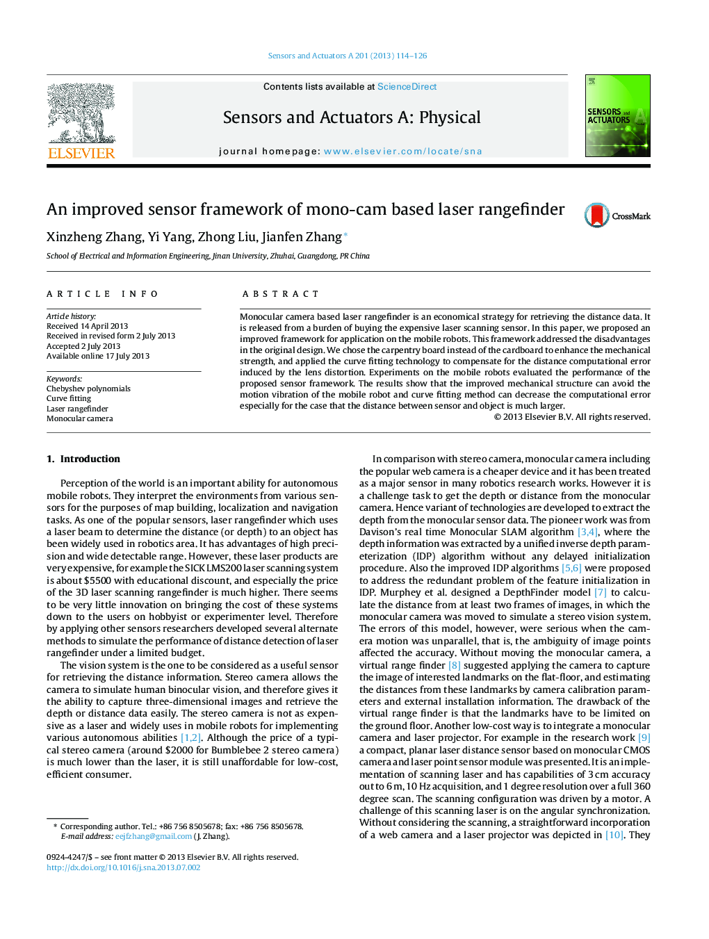 An improved sensor framework of mono-cam based laser rangefinder