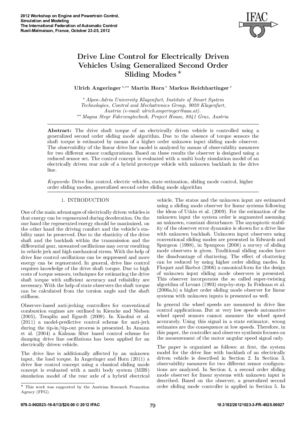 Drive Line Control for Electrically Driven Vehicles Using Generalized Second Order Sliding Modes*