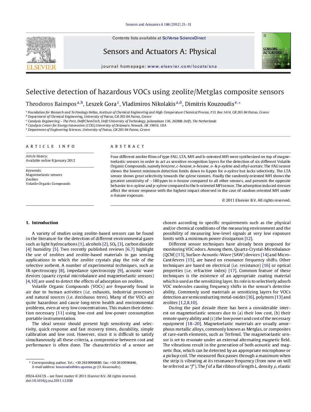 Selective detection of hazardous VOCs using zeolite/Metglas composite sensors