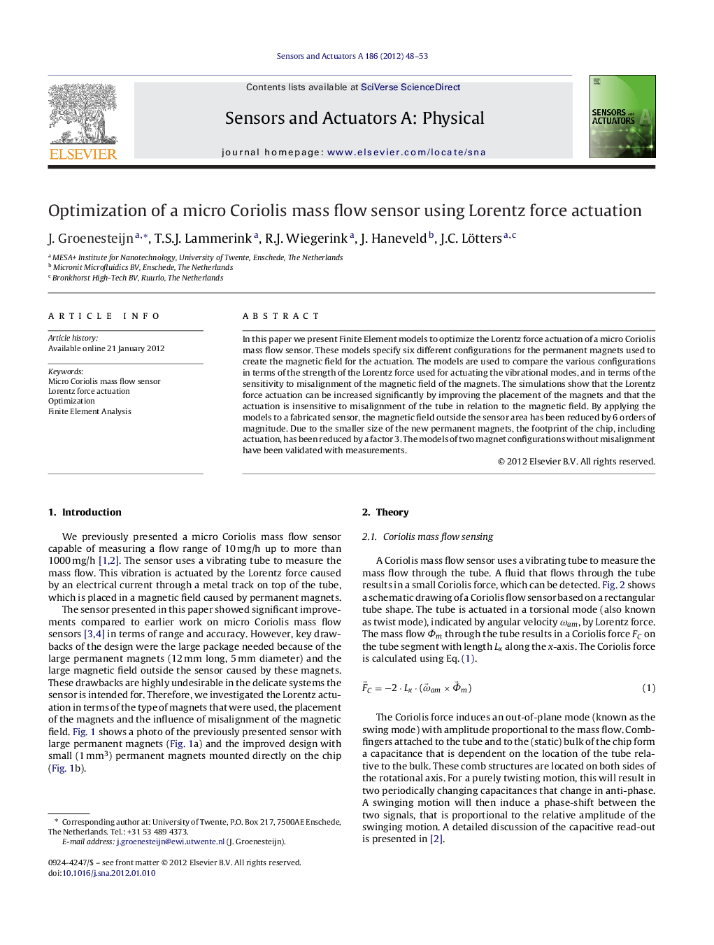 عکس صفحه اول مقاله: Optimization of a micro Coriolis mass flow sensor using Lorentz force actuation Optimization of a micro Coriolis mass flow sensor using Lorentz force actuation