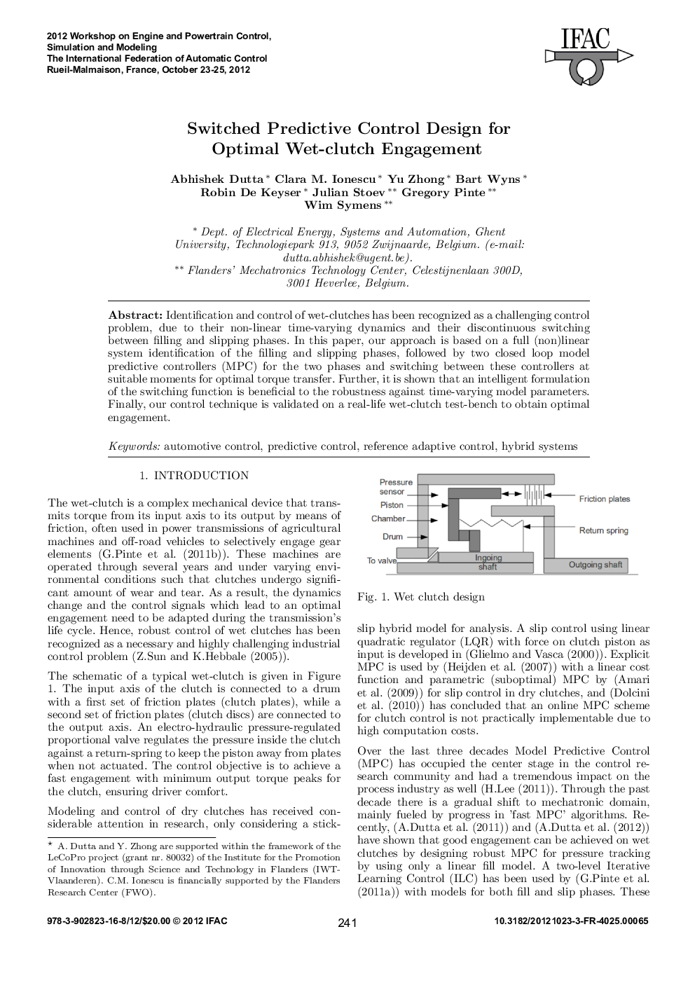 عکس صفحه اول مقاله: Switched Predictive Control Design for Optimal Wet-clutch Engagement Switched Predictive Control Design for Optimal Wet-clutch Engagement