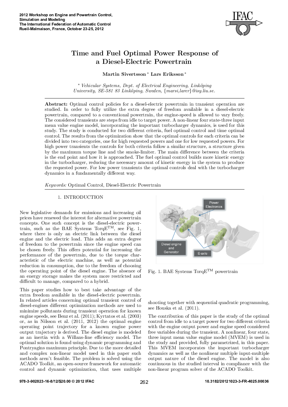 عکس صفحه اول مقاله: Time and Fuel Optimal Power Response of a Diesel-Electric Powertrain Time and Fuel Optimal Power Response of a Diesel-Electric Powertrain