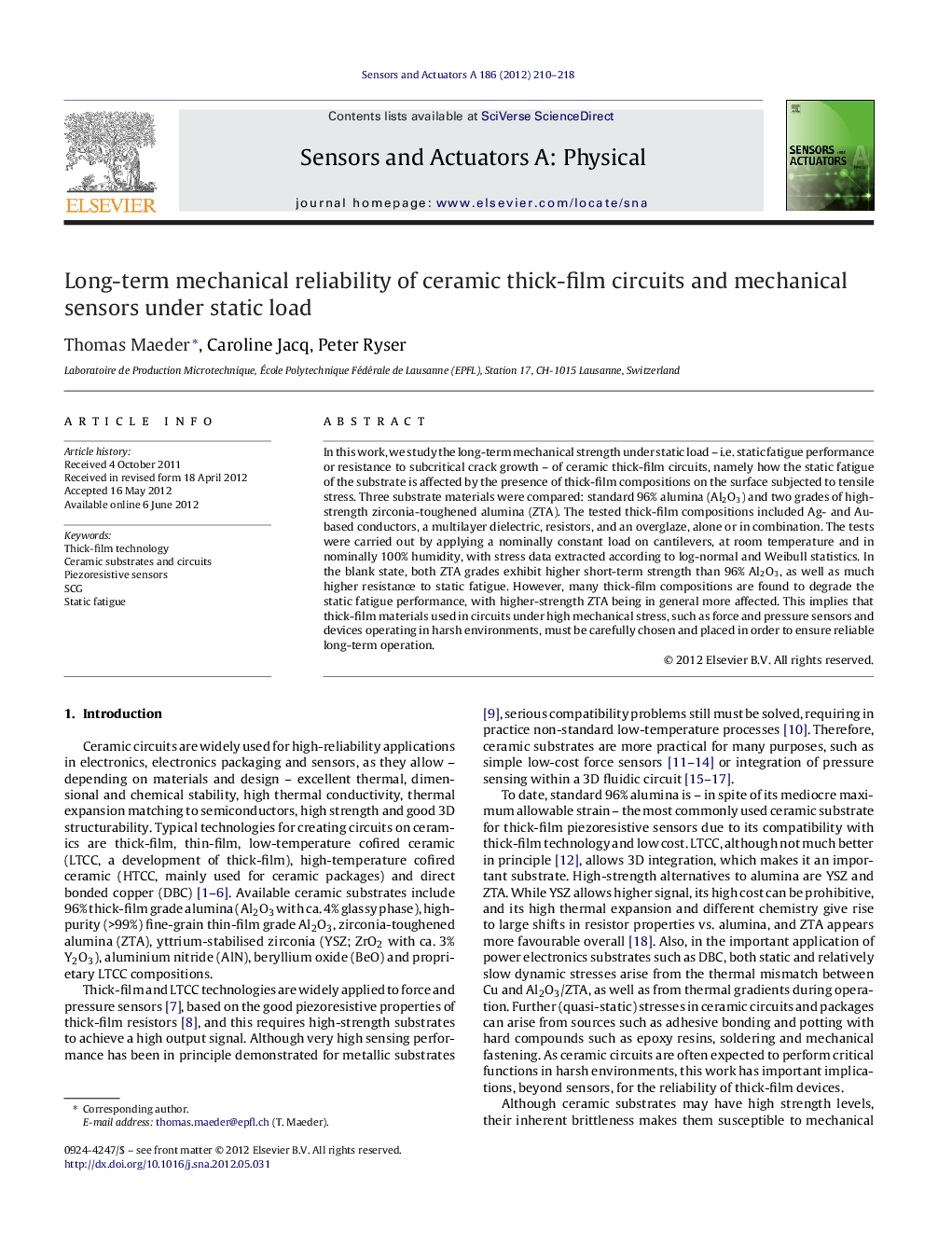 عکس صفحه اول مقاله: Long-term mechanical reliability of ceramic thick-film circuits and mechanical sensors under static load Long-term mechanical reliability of ceramic thick-film circuits and mechanical sensors under static load