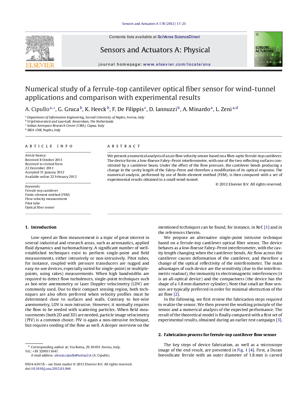 Numerical study of a ferrule-top cantilever optical fiber sensor for wind-tunnel applications and comparison with experimental results