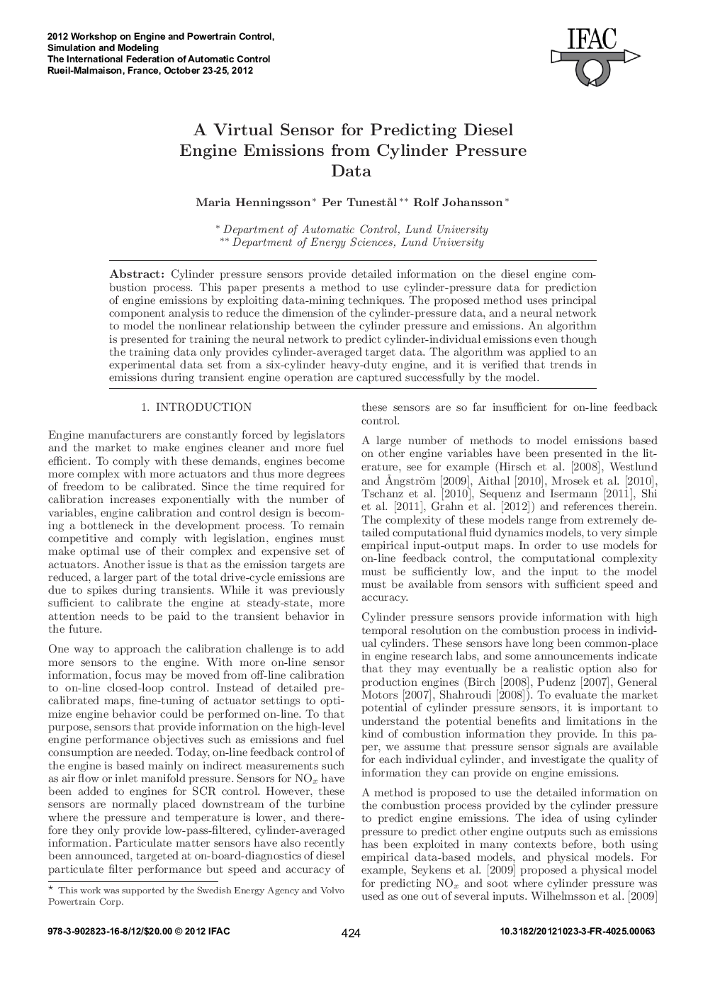 عکس صفحه اول مقاله: A Virtual Sensor for Predicting Diesel Engine Emissions from Cylinder Pressure Data A Virtual Sensor for Predicting Diesel Engine Emissions from Cylinder Pressure Data