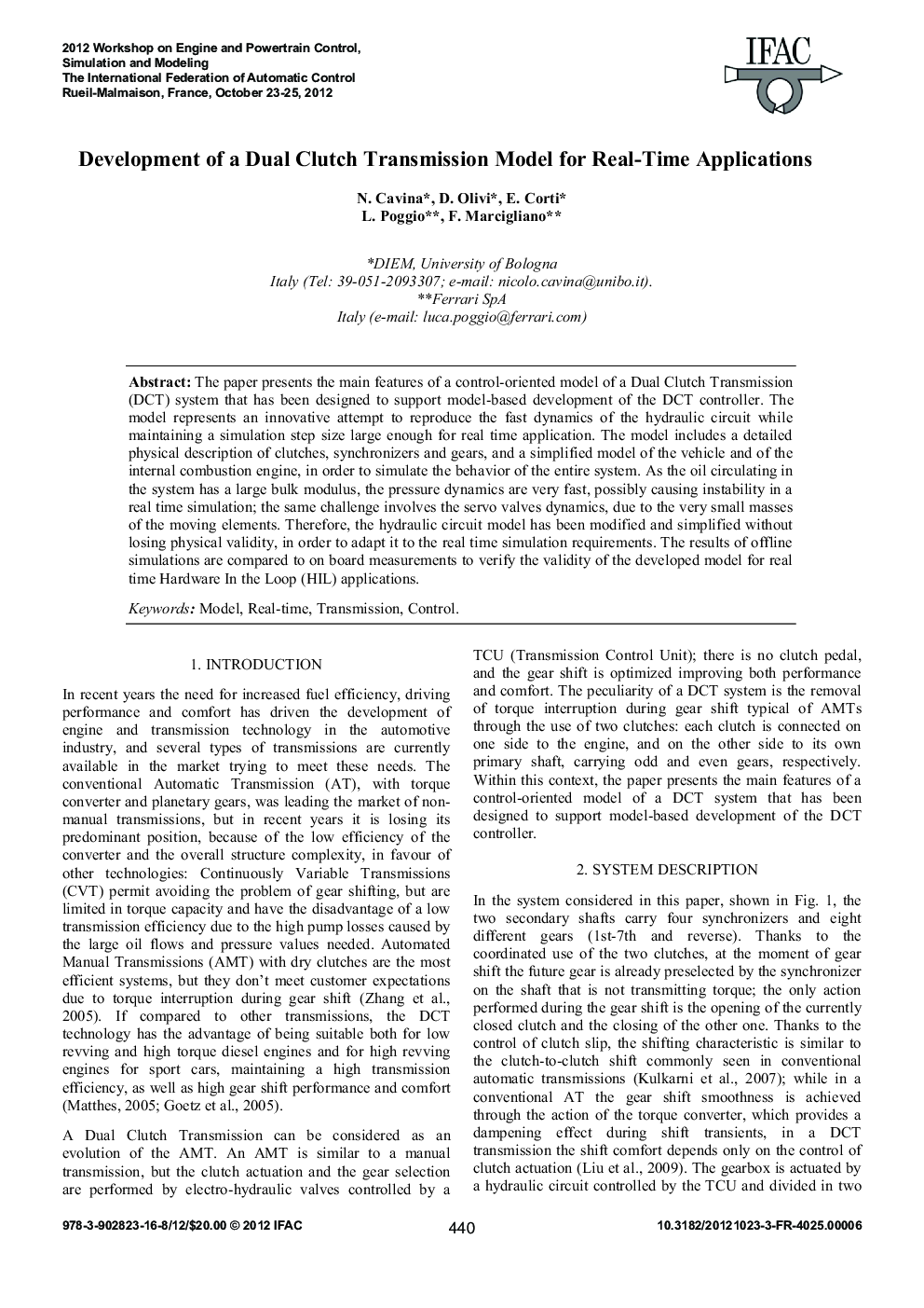 عکس صفحه اول مقاله: Development of a Dual Clutch Transmission Model for Real-Time Applications Development of a Dual Clutch Transmission Model for Real-Time Applications