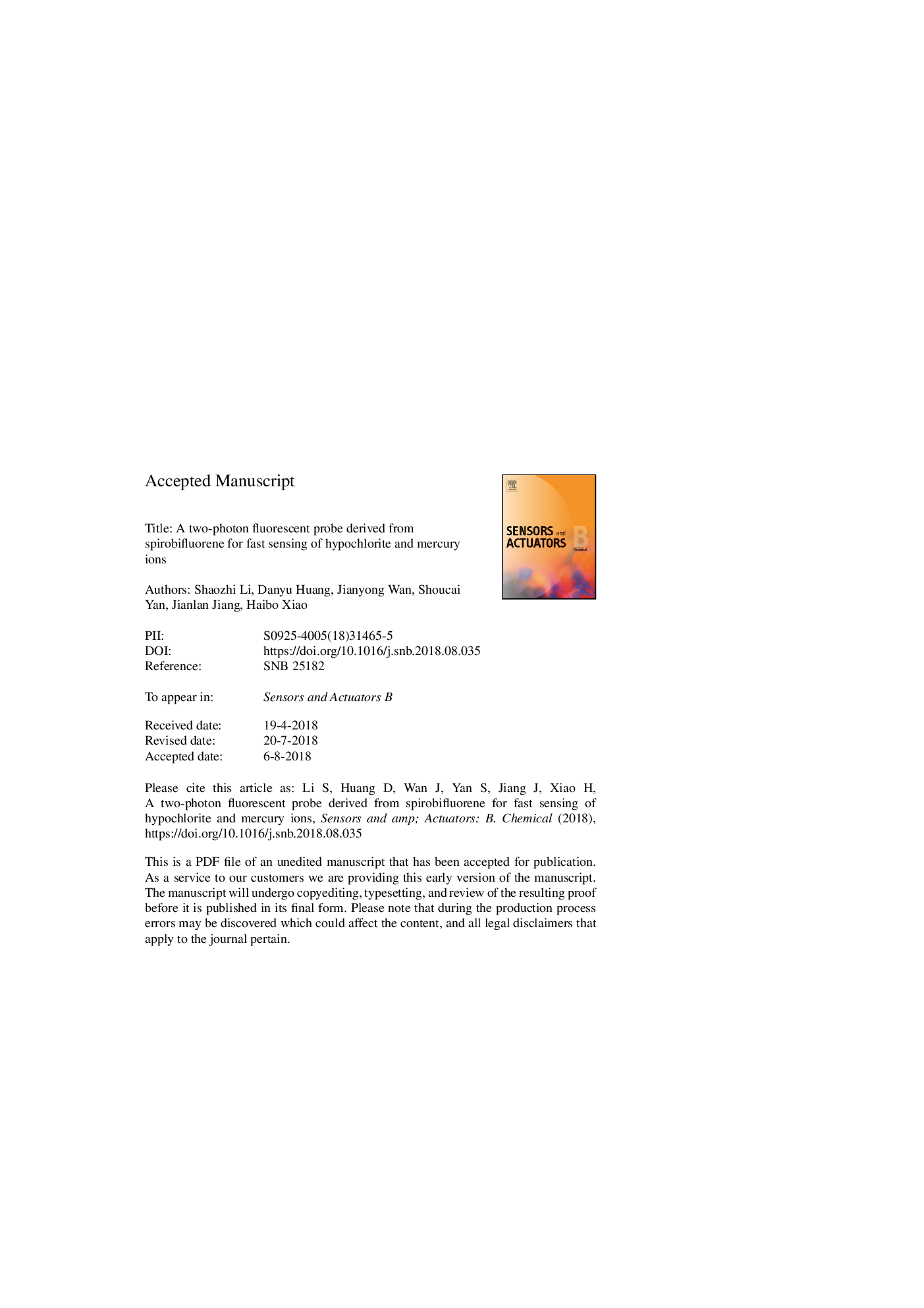 عکس صفحه اول مقاله: A two-photon fluorescent probe derived from spirobifluorene for fast sensing of hypochlorite and mercury ions A two-photon fluorescent probe derived from spirobifluorene for fast sensing of hypochlorite and mercury ions
