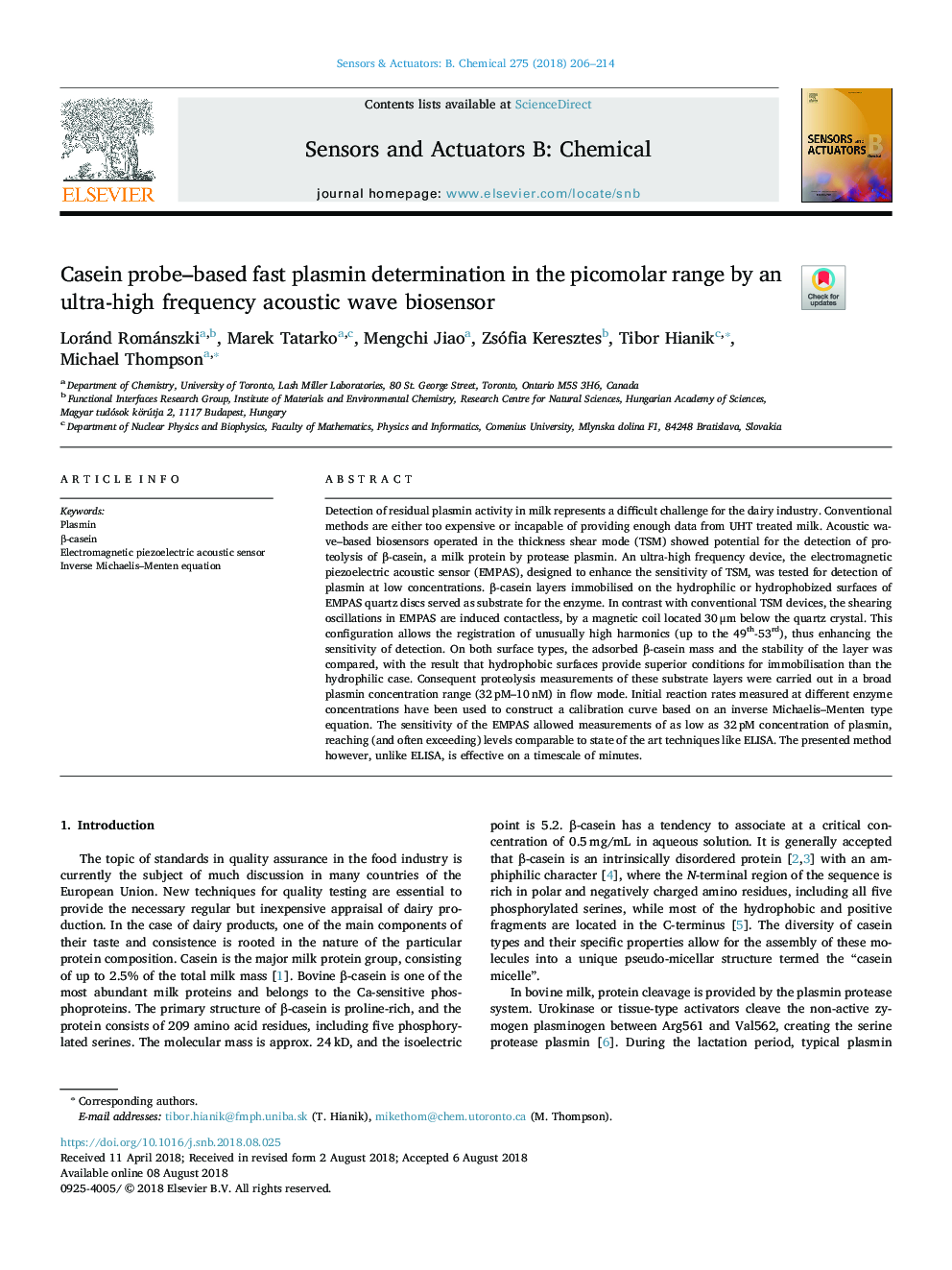 Casein probe-based fast plasmin determination in the picomolar range by an ultra-high frequency acoustic wave biosensor