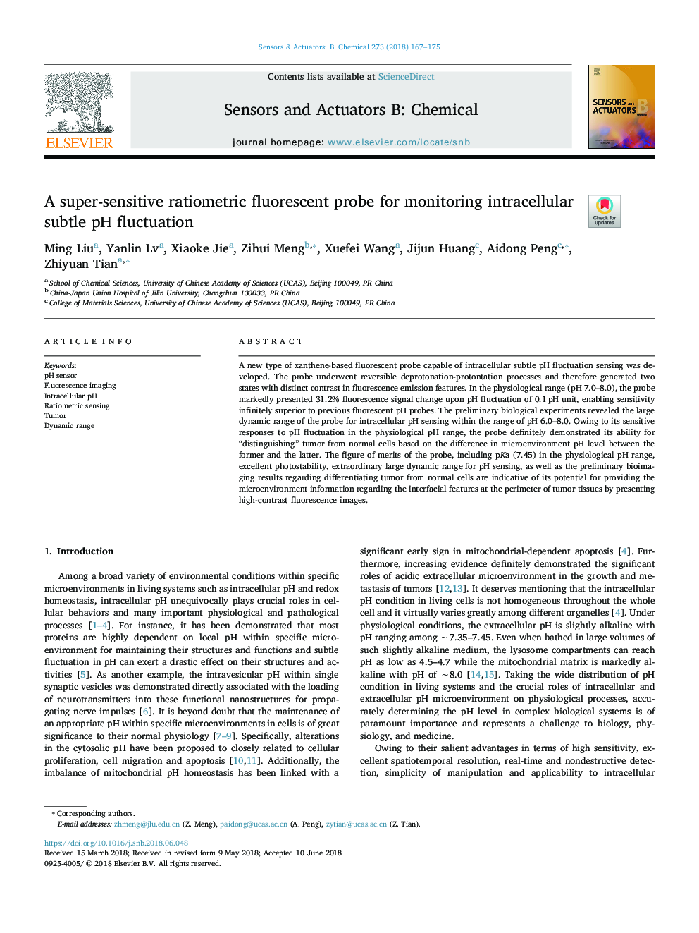 عکس صفحه اول مقاله: A super-sensitive ratiometric fluorescent probe for monitoring intracellular subtle pH fluctuation A super-sensitive ratiometric fluorescent probe for monitoring intracellular subtle pH fluctuation