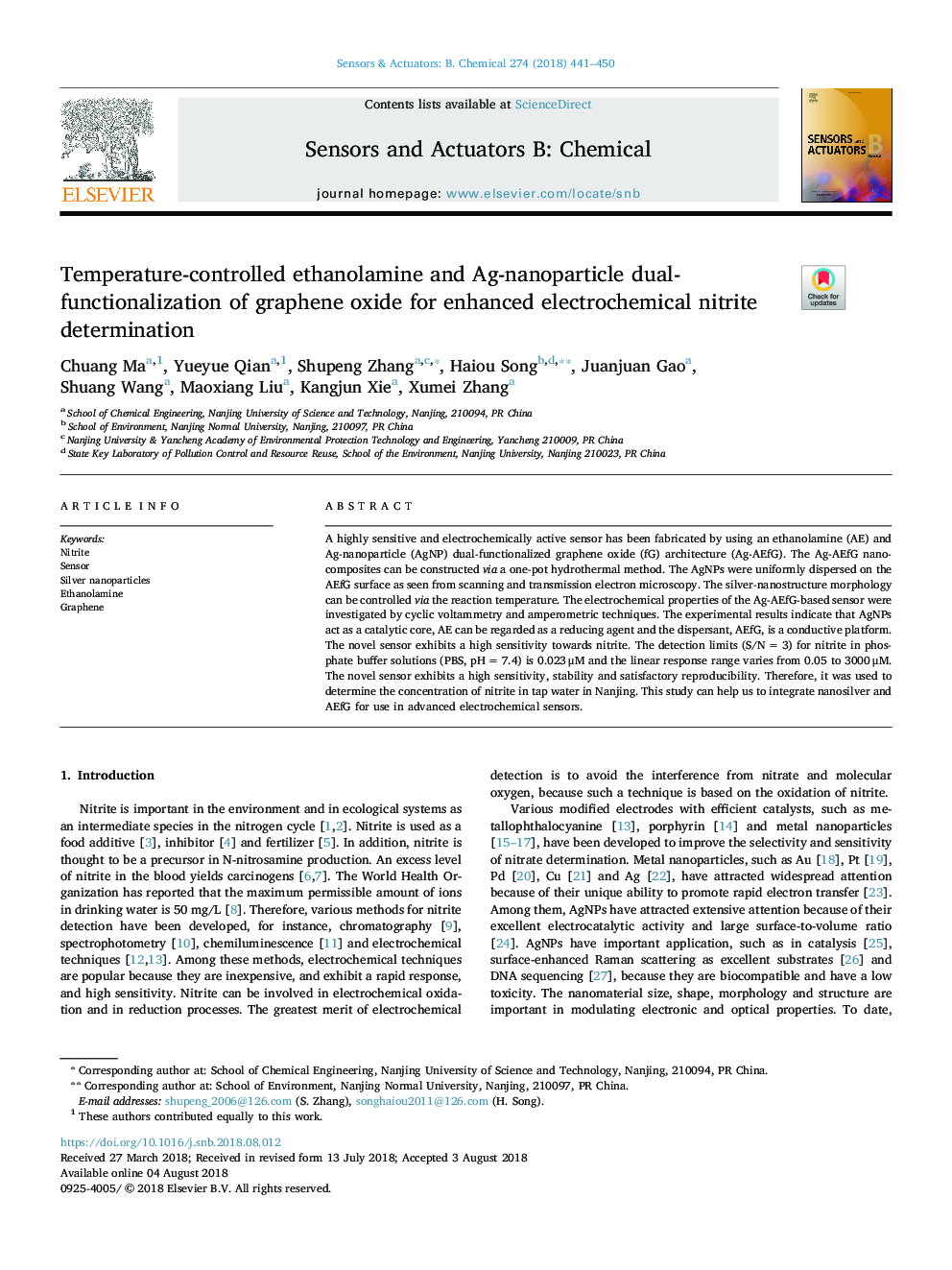 Temperature-controlled ethanolamine and Ag-nanoparticle dual-functionalization of graphene oxide for enhanced electrochemical nitrite determination