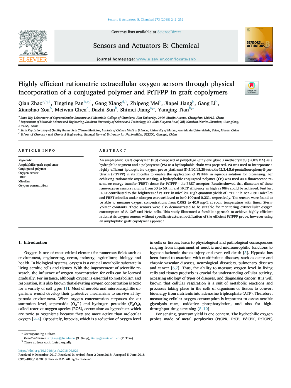 Highly efficient ratiometric extracellular oxygen sensors through physical incorporation of a conjugated polymer and PtTFPP in graft copolymers