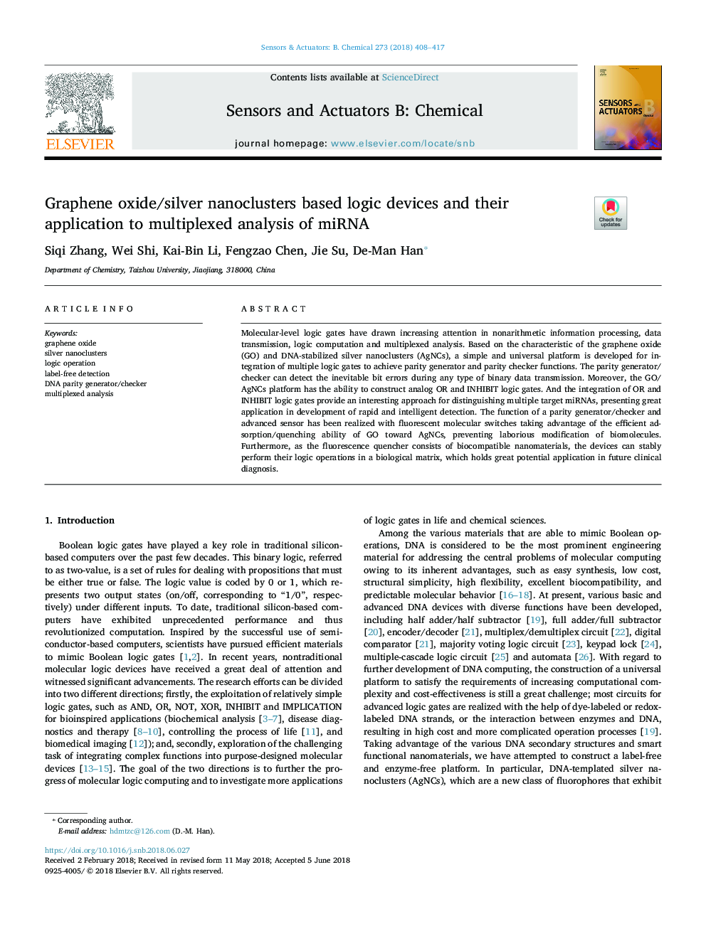 Graphene oxide/silver nanoclusters based logic devices and their application to multiplexed analysis of miRNA