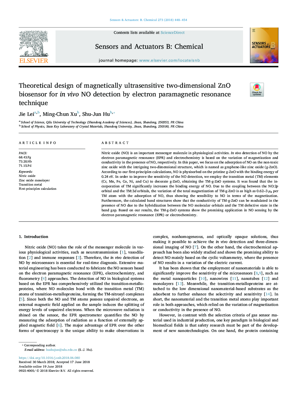 Theoretical design of magnetically ultrasensitive two-dimensional ZnO biosensor for in vivo NO detection by electron paramagnetic resonance technique