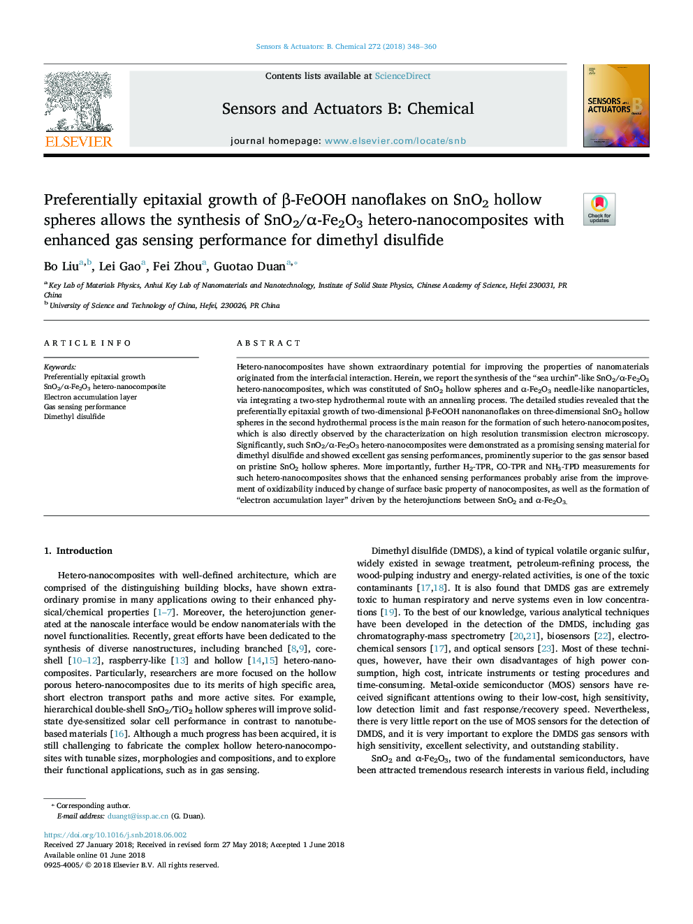 Preferentially epitaxial growth of Î²-FeOOH nanoflakes on SnO2 hollow spheres allows the synthesis of SnO2/Î±-Fe2O3 hetero-nanocomposites with enhanced gas sensing performance for dimethyl disulfide