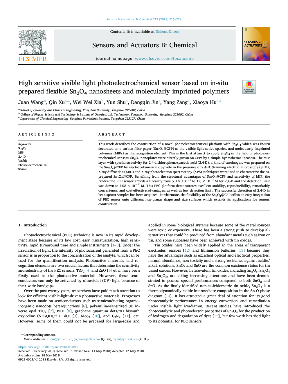 High sensitive visible light photoelectrochemical sensor based on in-situ prepared flexible Sn3O4 nanosheets and molecularly imprinted polymers