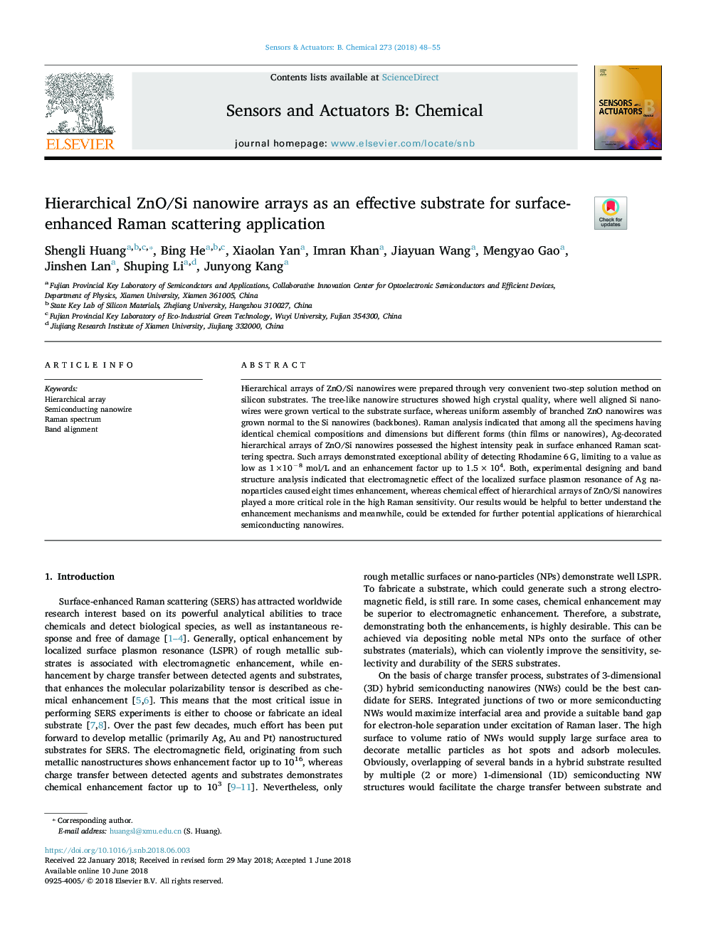 Hierarchical ZnO/Si nanowire arrays as an effective substrate for surface-enhanced Raman scattering application