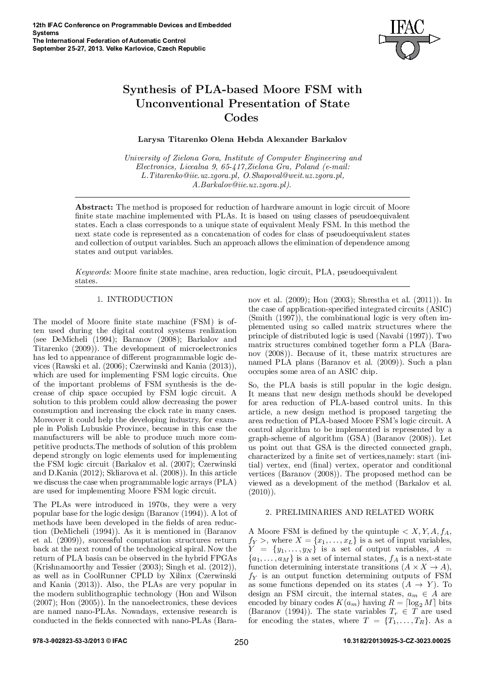 Synthesis of PLA-based Moore FSM with Unconventional Presentation of State Codes