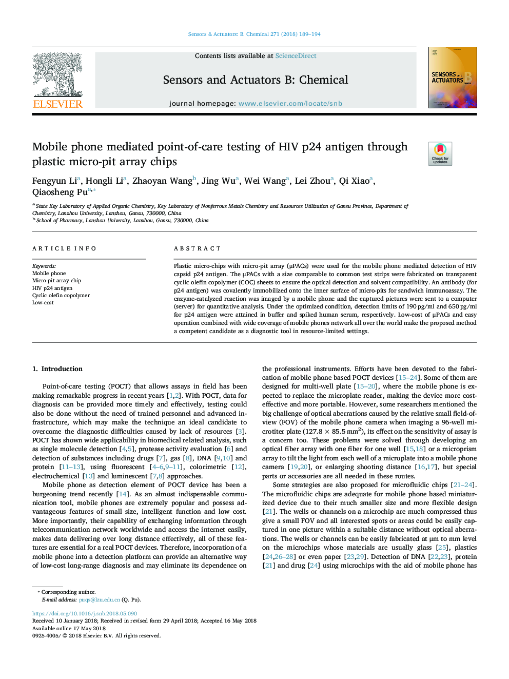 Mobile phone mediated point-of-care testing of HIV p24 antigen through plastic micro-pit array chips