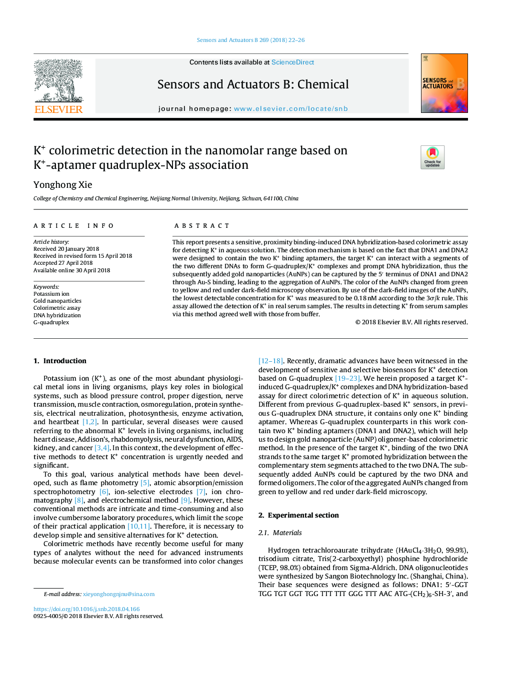 K+ colorimetric detection in the nanomolar range based on K+-aptamer quadruplex-NPs association