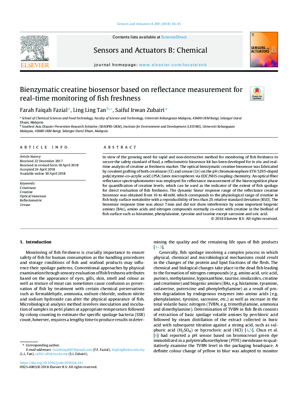 Bienzymatic creatine biosensor based on reflectance measurement for real-time monitoring of fish freshness