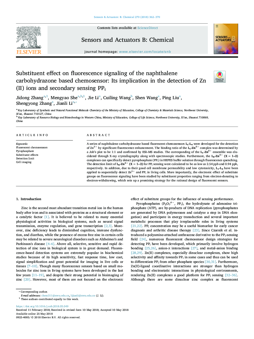 Substituent effect on fluorescence signaling of the naphthalene carbohydrazone based chemosensor: Its implication in the detection of Zn(II) ions and secondary sensing PPi