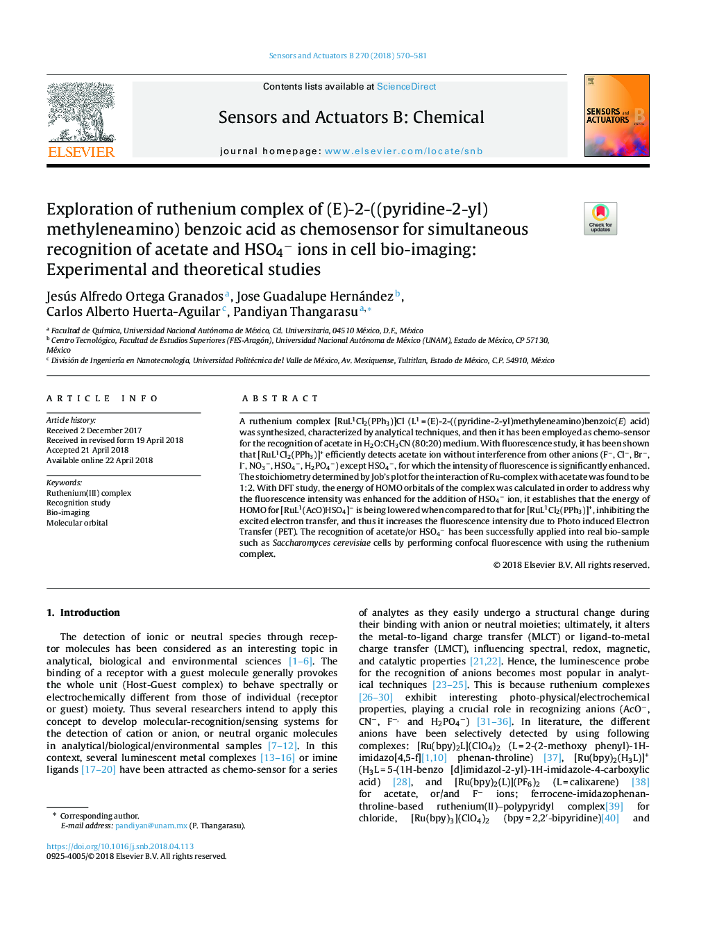 Exploration of ruthenium complex of (E)-2-((pyridine-2-yl)methyleneamino) benzoic acid as chemosensor for simultaneous recognition of acetate and HSO4â ions in cell bio-imaging: Experimental and theoretical studies